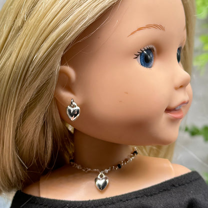 Black & Pearl Beaded Silver Heart Charm Doll Necklace & Earrings • 14 Inch Fashion Doll Jewelry
