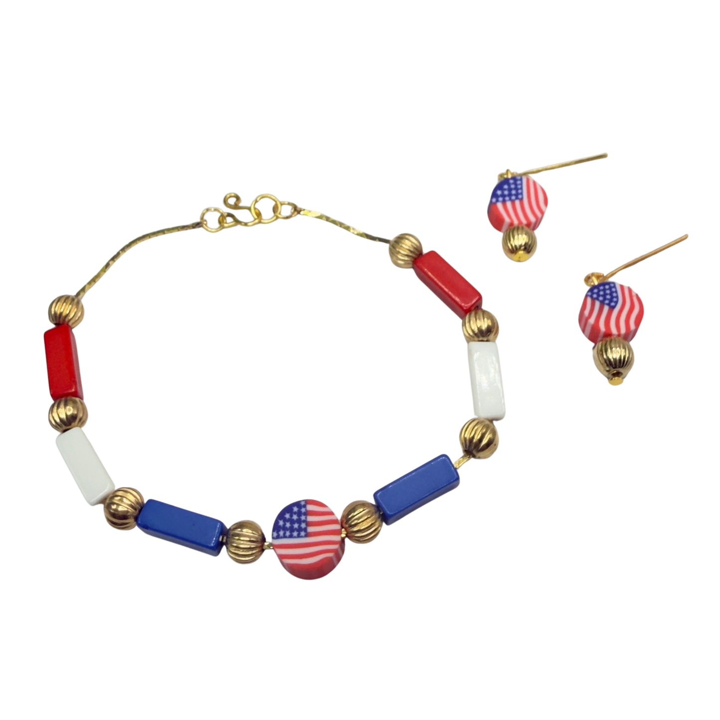 Red White Blue Beaded American Flag Charm Doll Necklace & Earrings Set for 18 Inch Fashion Doll
