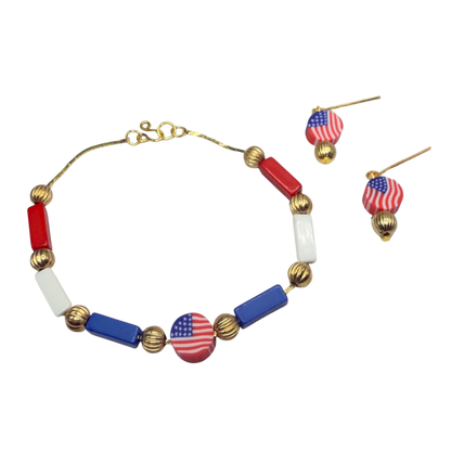 Red White Blue Beaded American Flag Charm Doll Necklace & Earrings Set for 18 Inch Fashion Doll