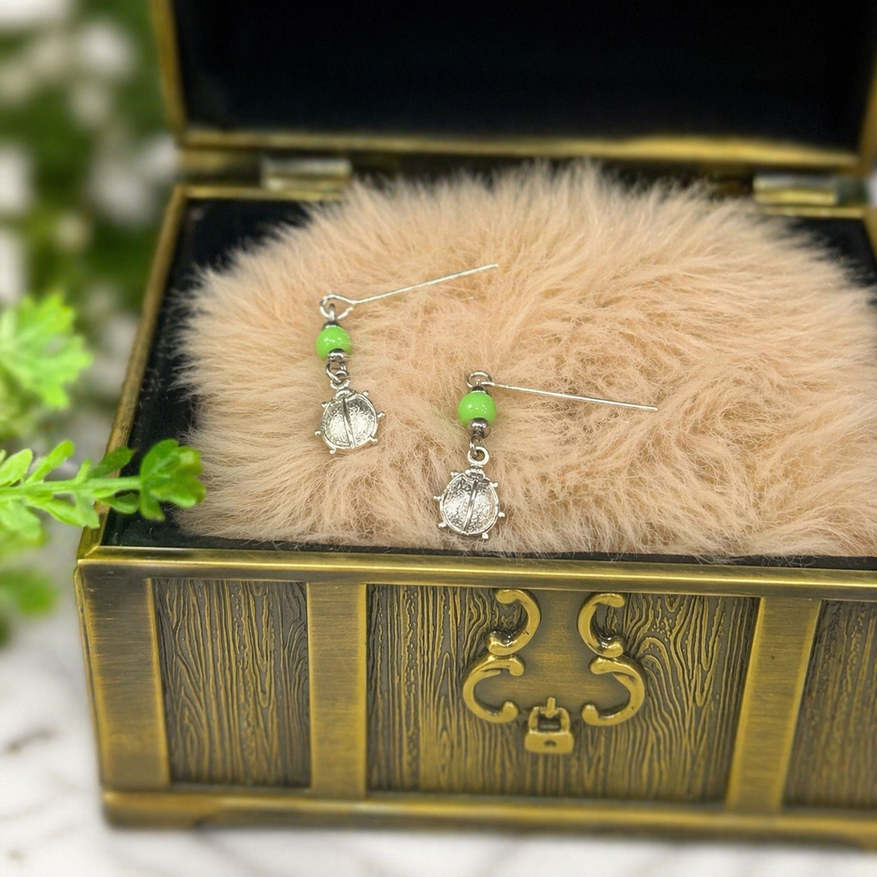Green Glass Silver Lady Bug Dangle Doll Earrings for 18 Inch Fashion Doll Jewelry