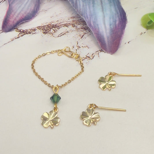 Clover Charm Green Crystal Pendant Gold Chain Doll Necklace • 16 Inch Fashion Doll Jewelry
