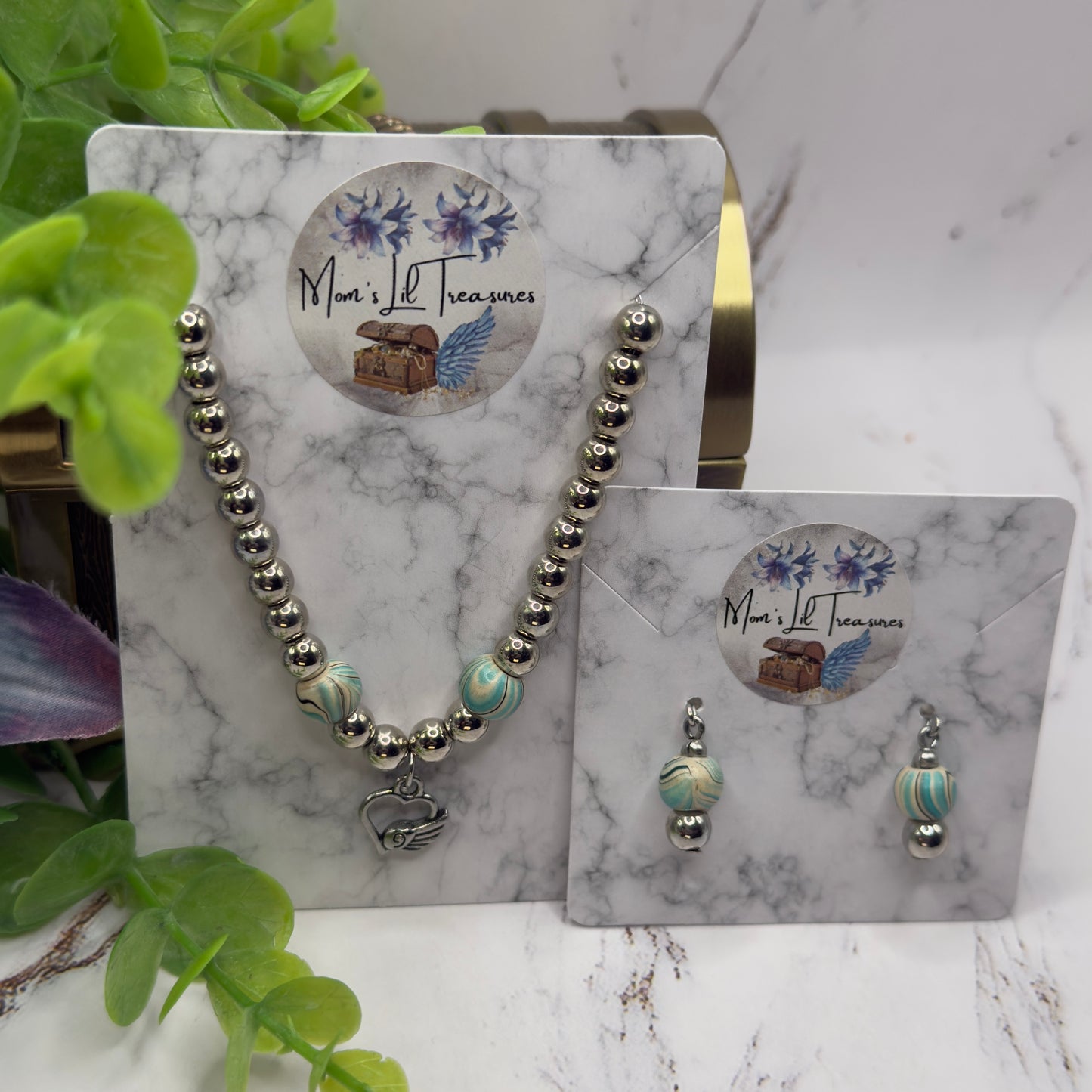 Turquoise Blue Swirl & Silver Beaded Doll Necklace & Earrings Set • 18 Inch Fashion Doll Jewelry
