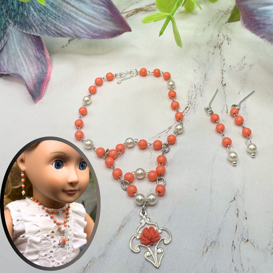 Coral Orange & Pearl Filigree Dangle Silver Doll Necklace & Earrings • 18 Inch Fashion Doll Jewelry