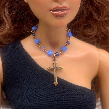 Blue Glass Cross Pendant Doll Necklace • 16 Inch Fashion Doll Jewelry