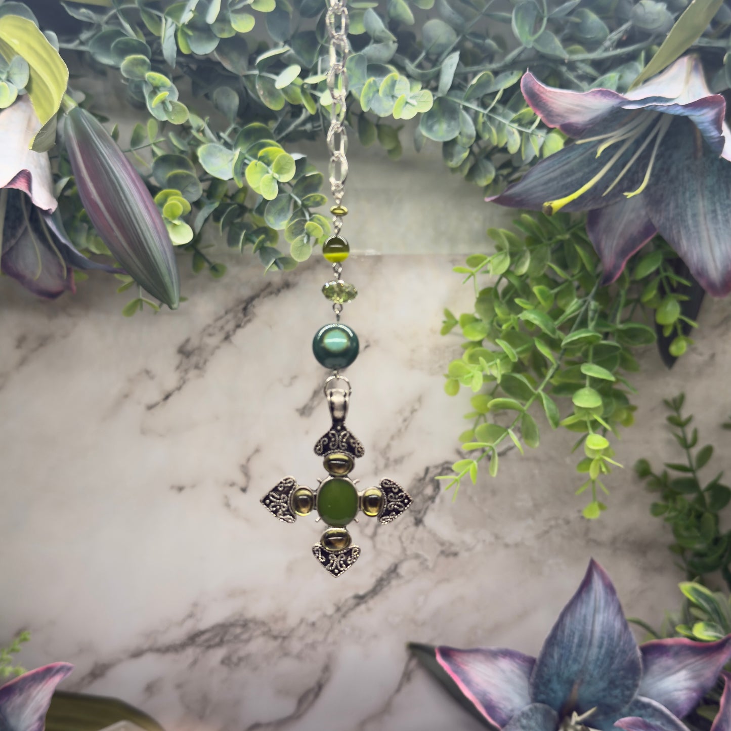 Green Cabochon Silver Cross & Green Bead Chain • Car Mirror Charm / Sun Catcher