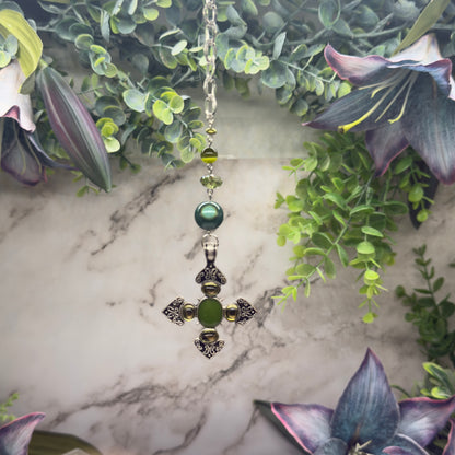 Green Cabochon Silver Cross & Green Bead Chain • Car Mirror Charm / Sun Catcher