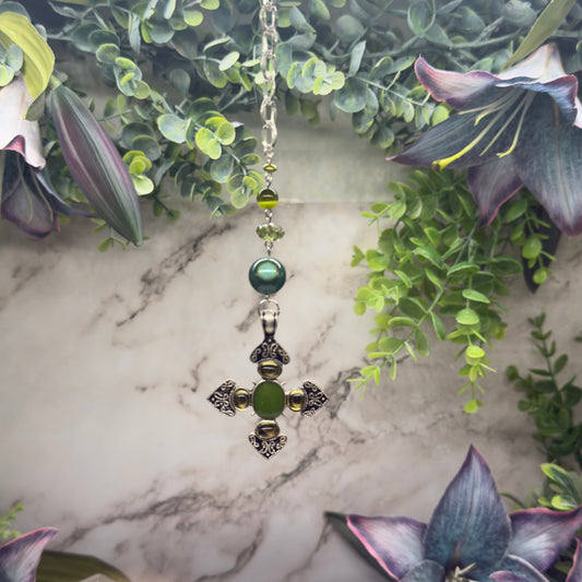 Green Cabochon Silver Cross & Green Bead Chain • Car Mirror Charm / Sun Catcher