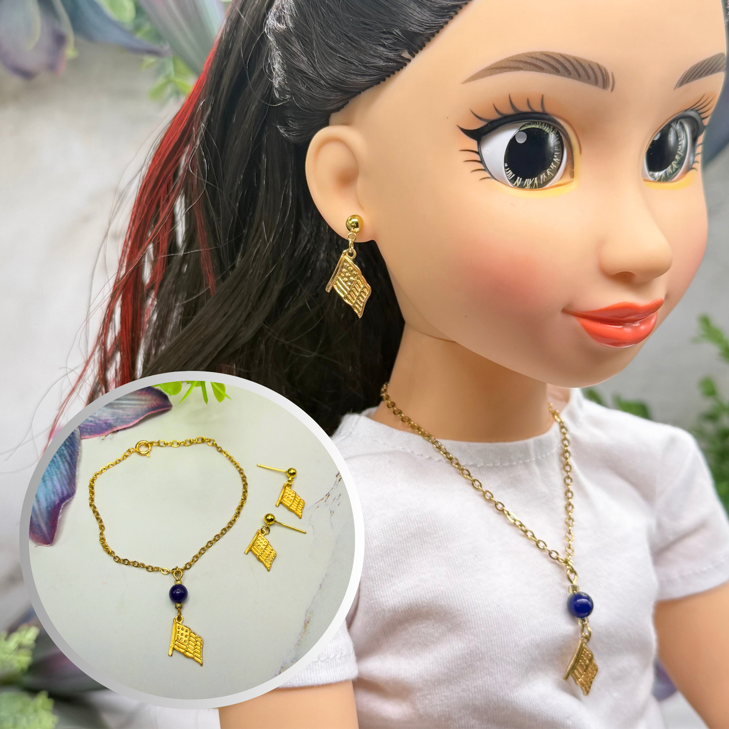 Blue Bead Gold Flag Dangle Doll Necklace & Earrings Set for 18 Inch Fashion Doll