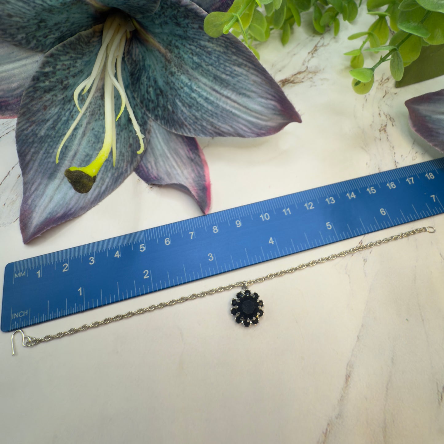 Black Rhinestone Round Flower Pendant Silver Chain Doll Necklace • 18 Inch Fashion Doll Jewelry