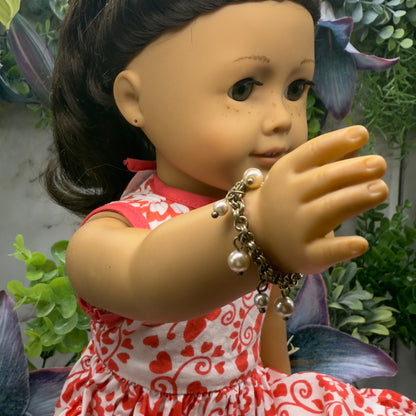 Gold Brass Tone Chain Pearl Dangles Doll Charm Bracelet • 18 Inch Fashion Doll Jewelry