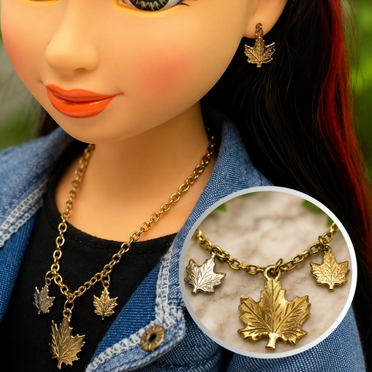 Gold Leaf Charm Dangle Doll Necklace Earrings Set • 18 Inch Fashion Doll Jewelry