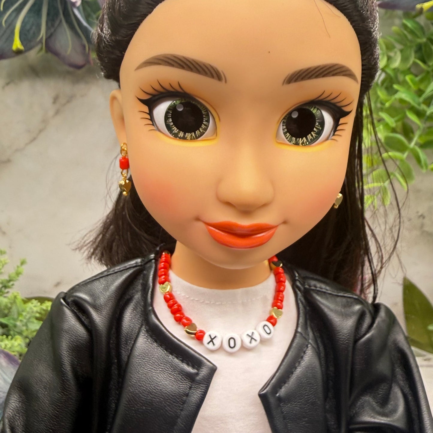 Red White Gold Bead XOXO Heart Doll Necklace & Earrings Set • 18 Inch Fashion Doll Jewelry