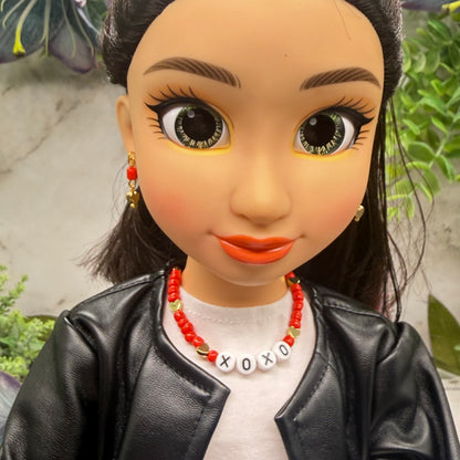 Red White Gold Bead XOXO Heart Doll Necklace & Earrings Set • 18 Inch Fashion Doll Jewelry