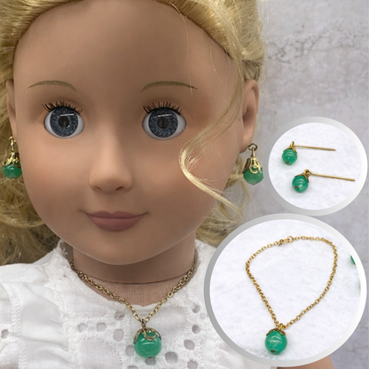 Green Glass Drop Pendant Doll Necklace Earrings Set for 18 Inch Doll Jewelry Accessory