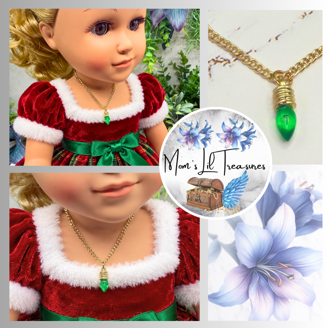 Green Christmas Light Charm Gold Doll Necklace • 18 Inch Fashion Doll Jewelry