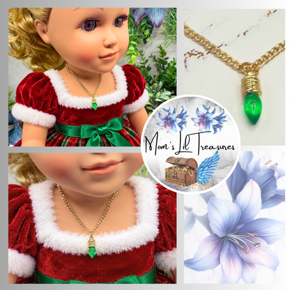 Green Christmas Light Charm Gold Doll Necklace • 18 Inch Fashion Doll Jewelry
