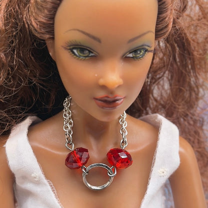 Red Faceted Acrylic Crystal Silver Ring Doll Necklace • 16 Inch Fashion Doll Jewelry