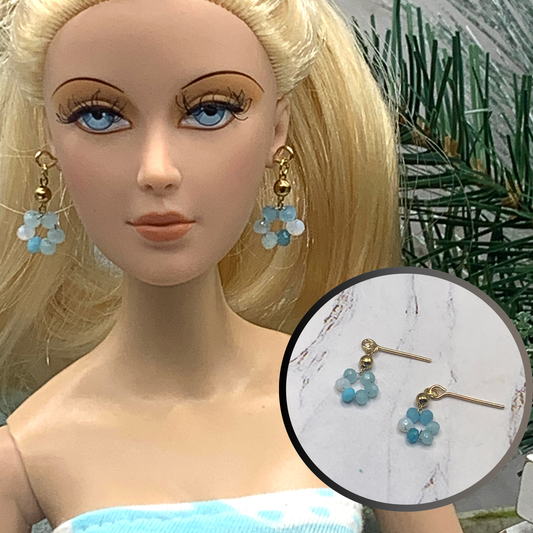 Turquoise Blue Glass Flower Dangle Doll Earrings • 16 Inch Fashion Doll Jewelry