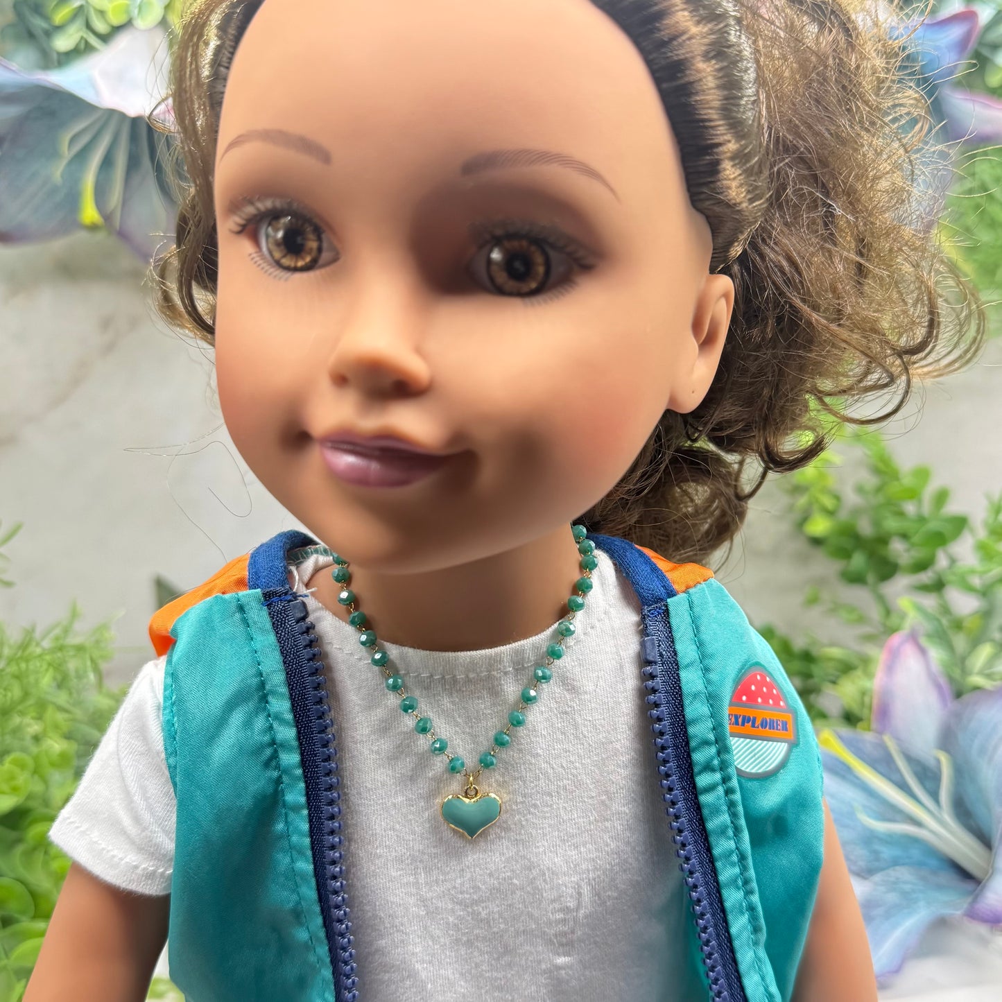 Turquoise Green Heart Charm Glass Beaded Doll Necklace • 18 Inch Fashion Doll Jewelry
