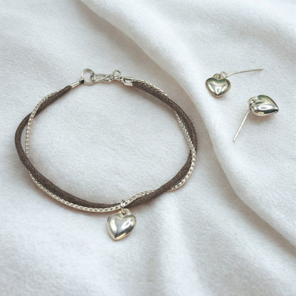 Dual Strand Brown Cord Silver Chain Heart Charm Doll Necklace & Earrings Set • 18 Inch Fashion Doll Jewelry