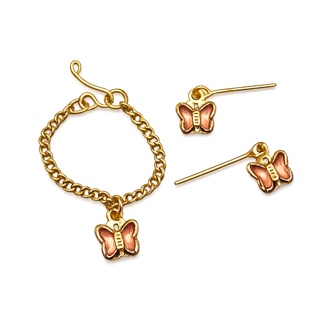 Peach Pink Crystal Butterfly Gold Chain Doll Necklace & Earrings • 10-12 Inch Fashion Doll Jewelry 1:6