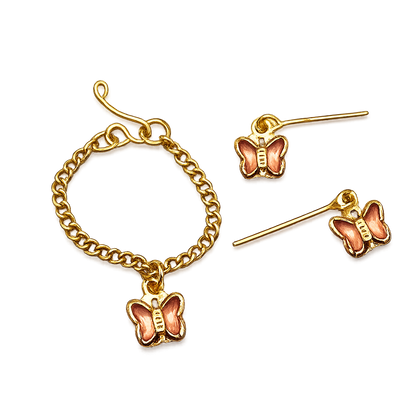 Peach Pink Crystal Butterfly Gold Chain Doll Necklace & Earrings • 10-12 Inch Fashion Doll Jewelry 1:6