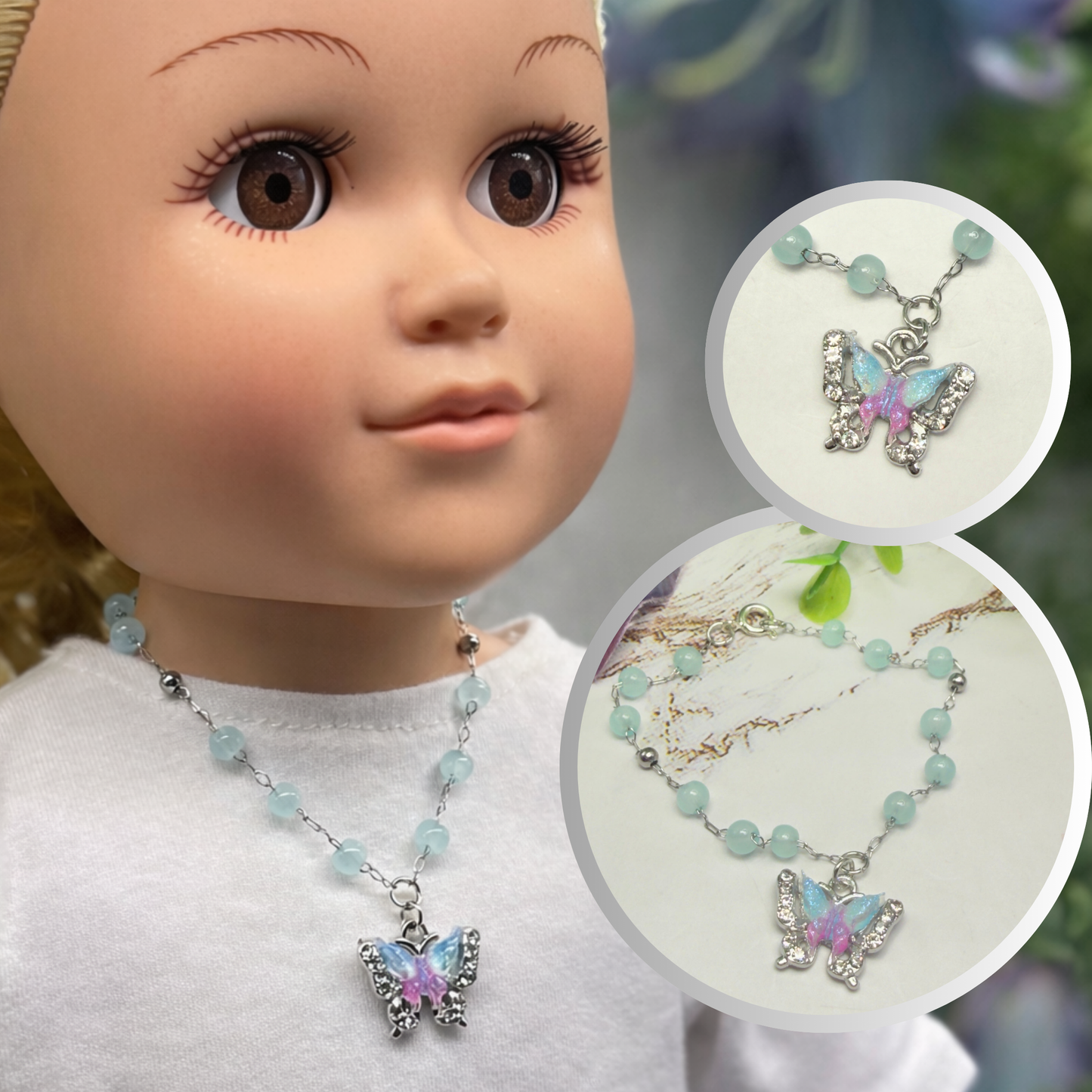 Blue Purple Butterfly Charm Light Blue Beaded Doll Necklace • 18 Inch Fashion Doll Jewelry