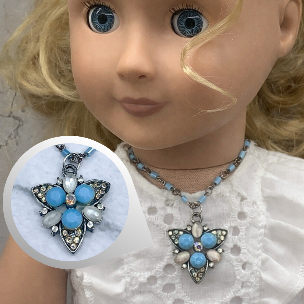 Turquoise Blue Glass Rhinestone Starburst Design Doll Necklace •18” Doll Jewelry