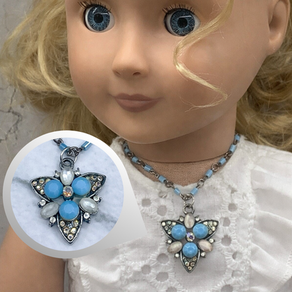 Turquoise Blue Glass Rhinestone Starburst Design Doll Necklace •18” Doll Jewelry