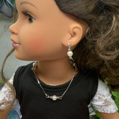 Silver Serpentine Chain w/ Pearl Doll Necklace & Earrings • 18 Inch Fashion Doll Jewelry