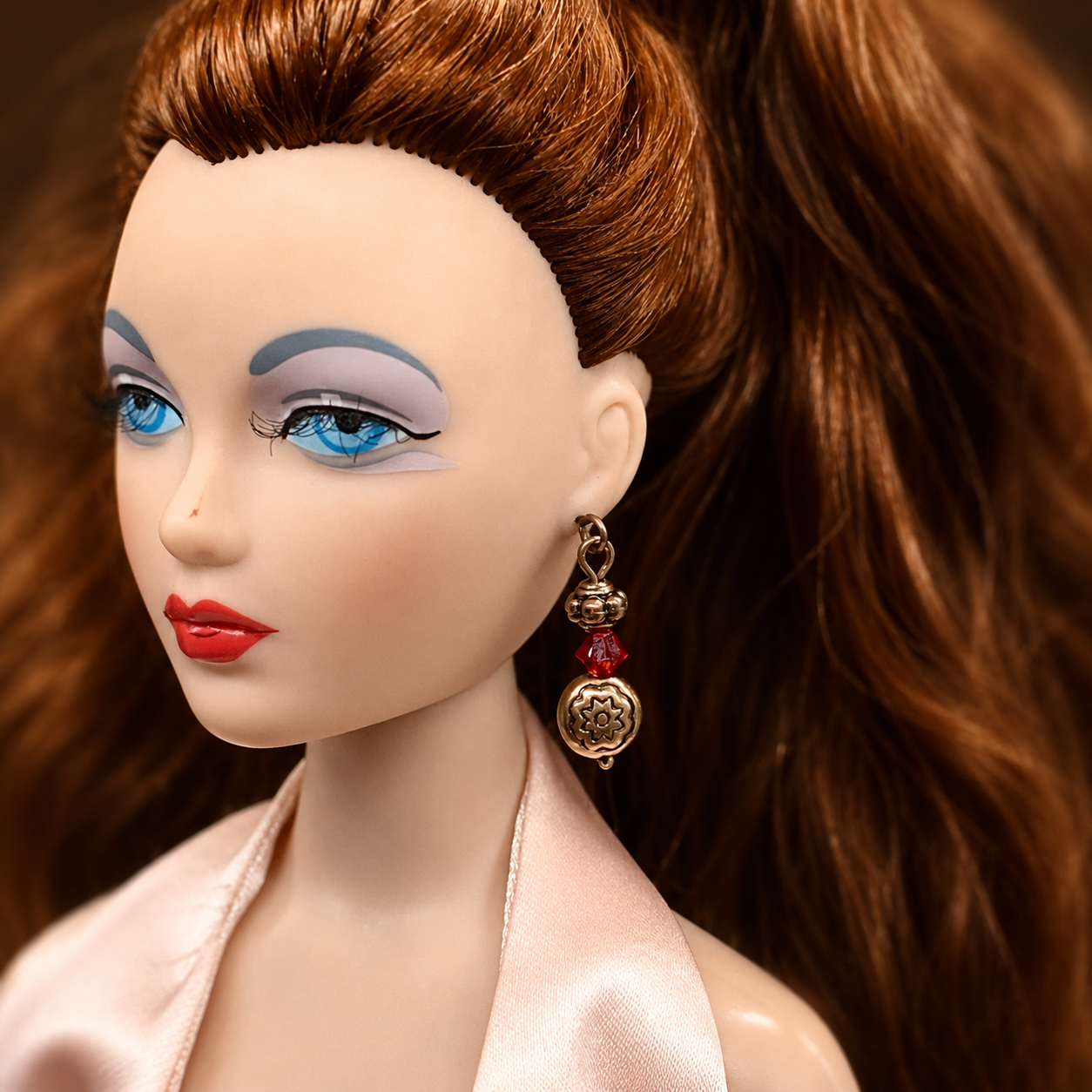 Red Glass Round Copper Dangle Doll Earrings • 16 Inch Fashion Doll Jewelry