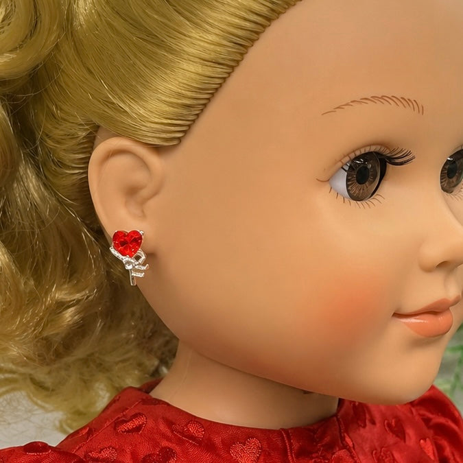 Red Rhinestone Heart Silver Key Design Post Doll Earrings • 18 Inch Fashion Doll Jewelry