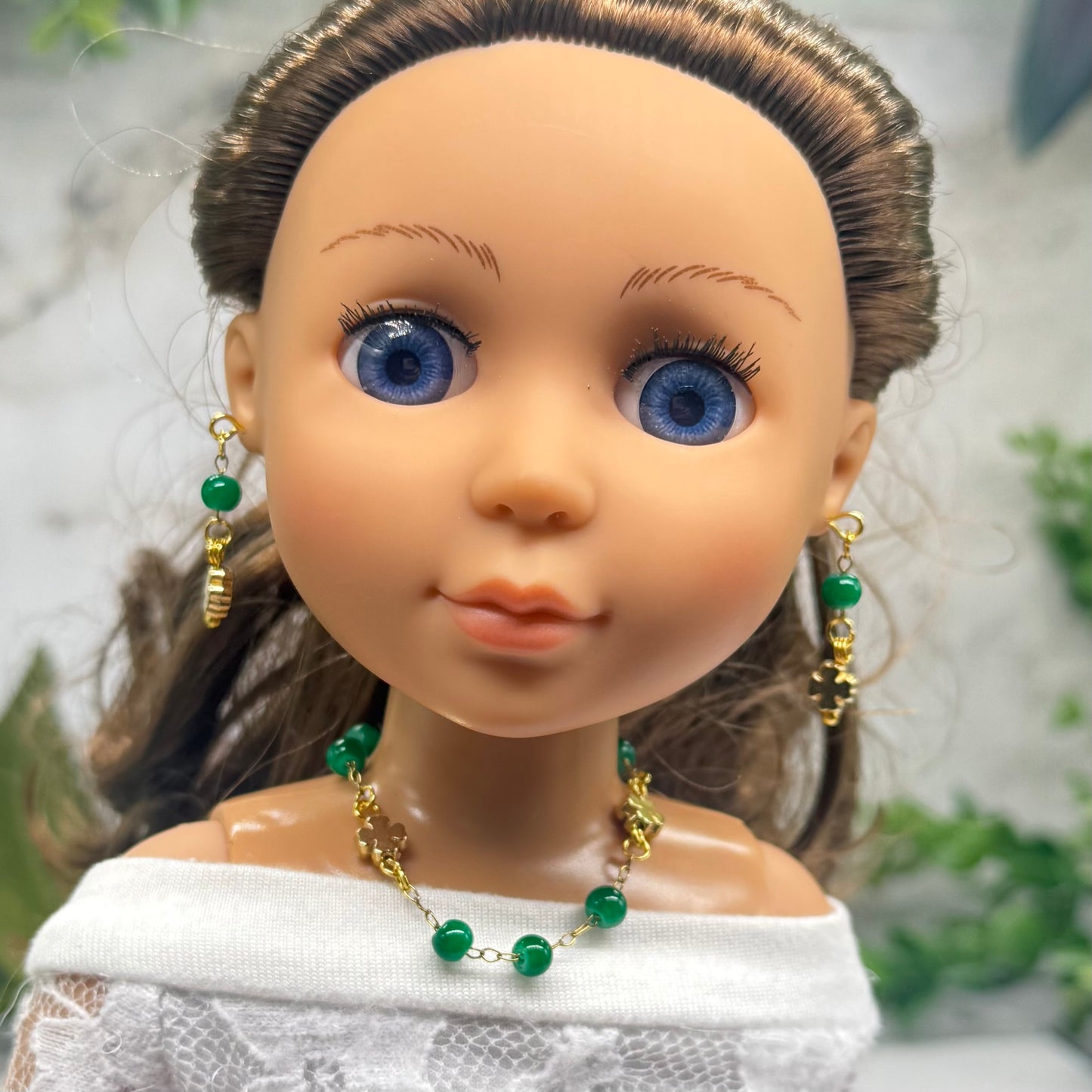 Green Beaded Gold Four- Leaf Clover Charms Doll Necklace & Earrings • 14 Inch Fashion Doll Jewelry