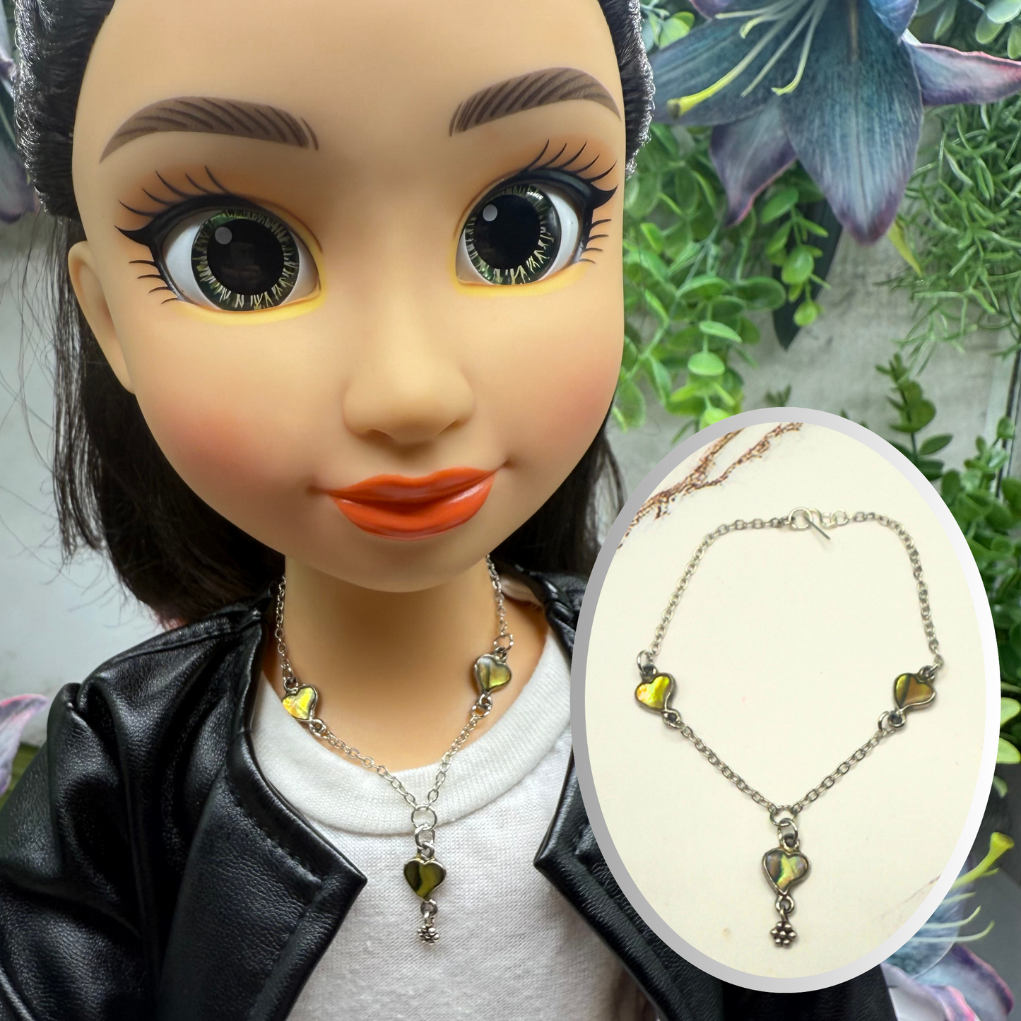 Green Multi Tone Abalone Heart Charm Y-Style Doll Necklace • 18 Inch Fashion Doll Jewelry
