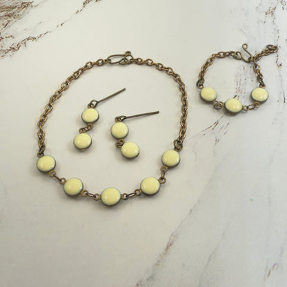 Cream Color & Brass Bronze Tone Round Link Doll Necklace Bracelet Earrings • 18 Inch Fashion Doll Jewelry