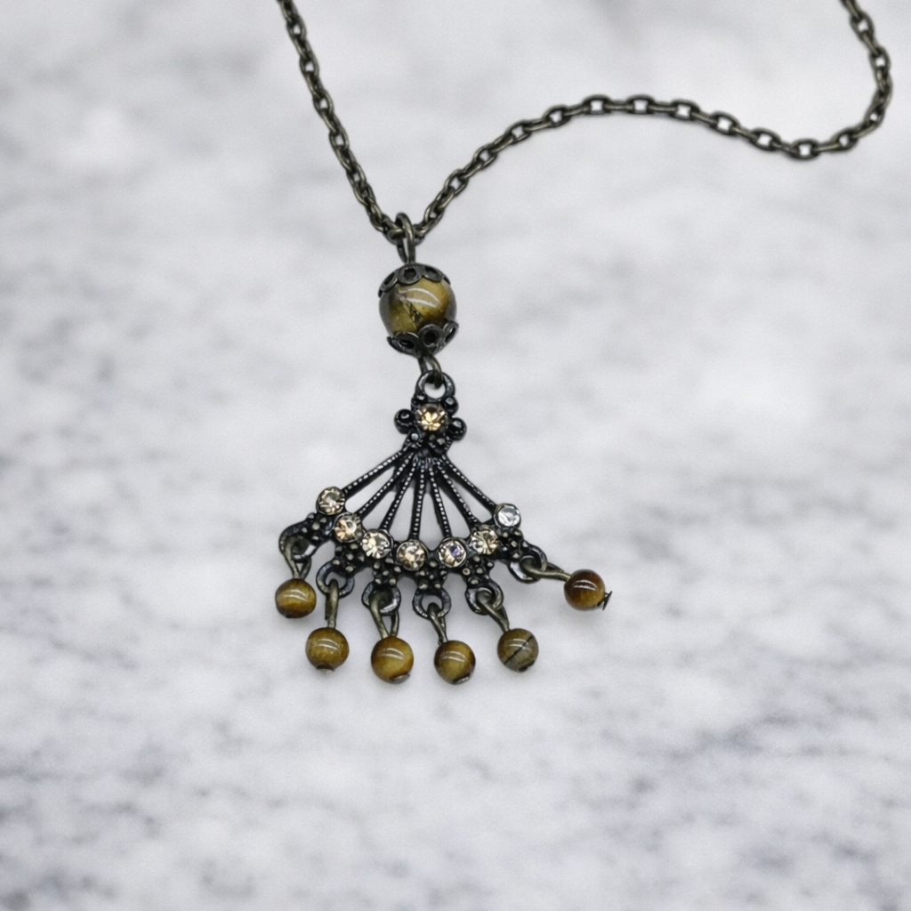 Bronze Fan Design Brown Bead Dangle Pendant Doll Necklace • 18 inch Doll Jewelry