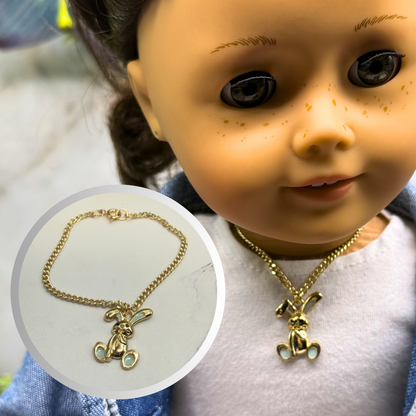 Floppy Ear Bunny Light Blue Enamel Detail Charm Gold Doll Necklace • 18 Inch Fashion Doll Jewelry