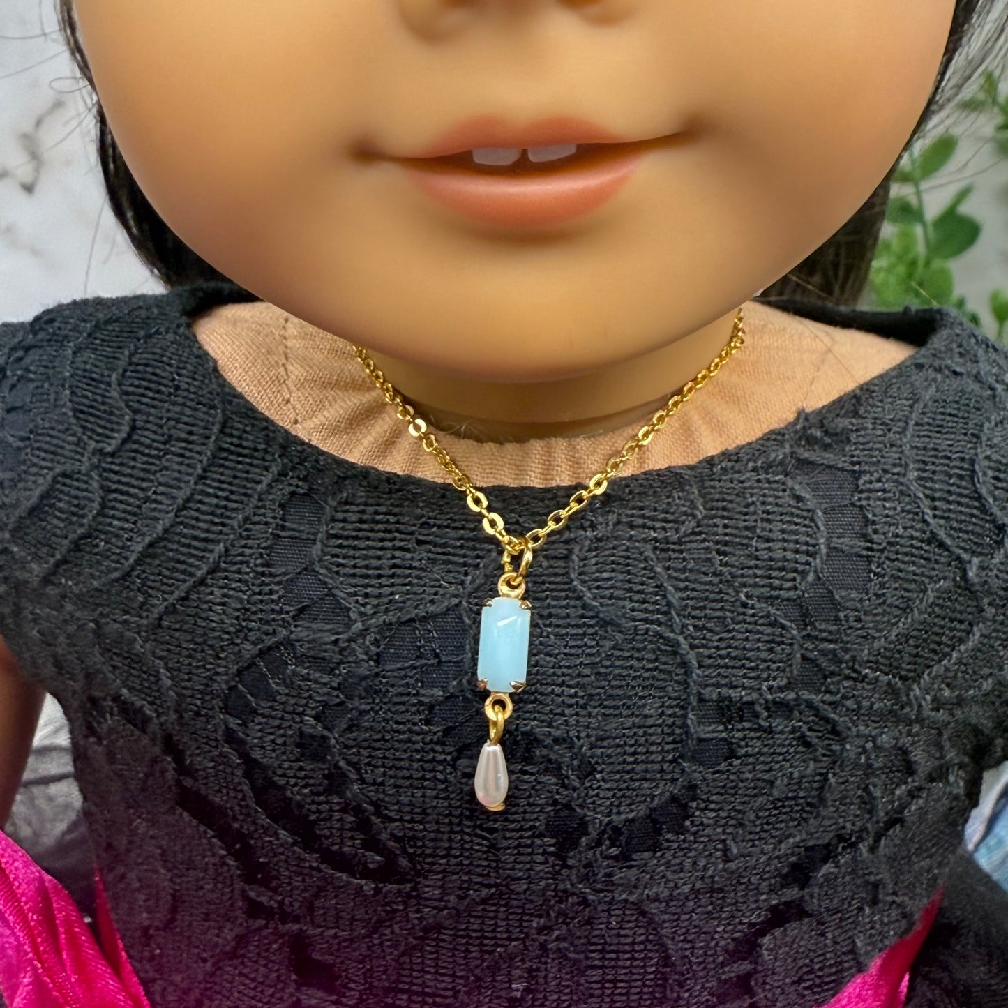 Rectangular Blue Glass & Pearl Dangle Doll Necklace • 18 Inch Fashion Doll Jewelry