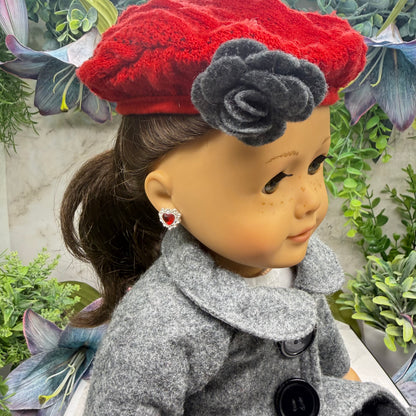 Red Rhinestone Heart Silver Post Doll Earrings • 2mm Post for 18 Inch Fashion Doll