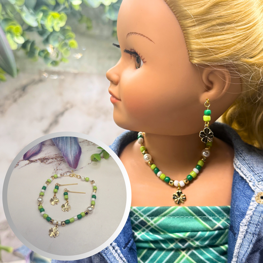 Green White Beaded Gold Shamrock Doll Necklace & Earrings Set • 18 Inch Fashion Doll Jewelry