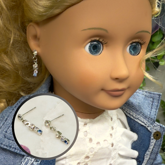 Blue & Clear Rhinestone Silver Dangle Post Doll Earrings • 18” Doll Jewelry