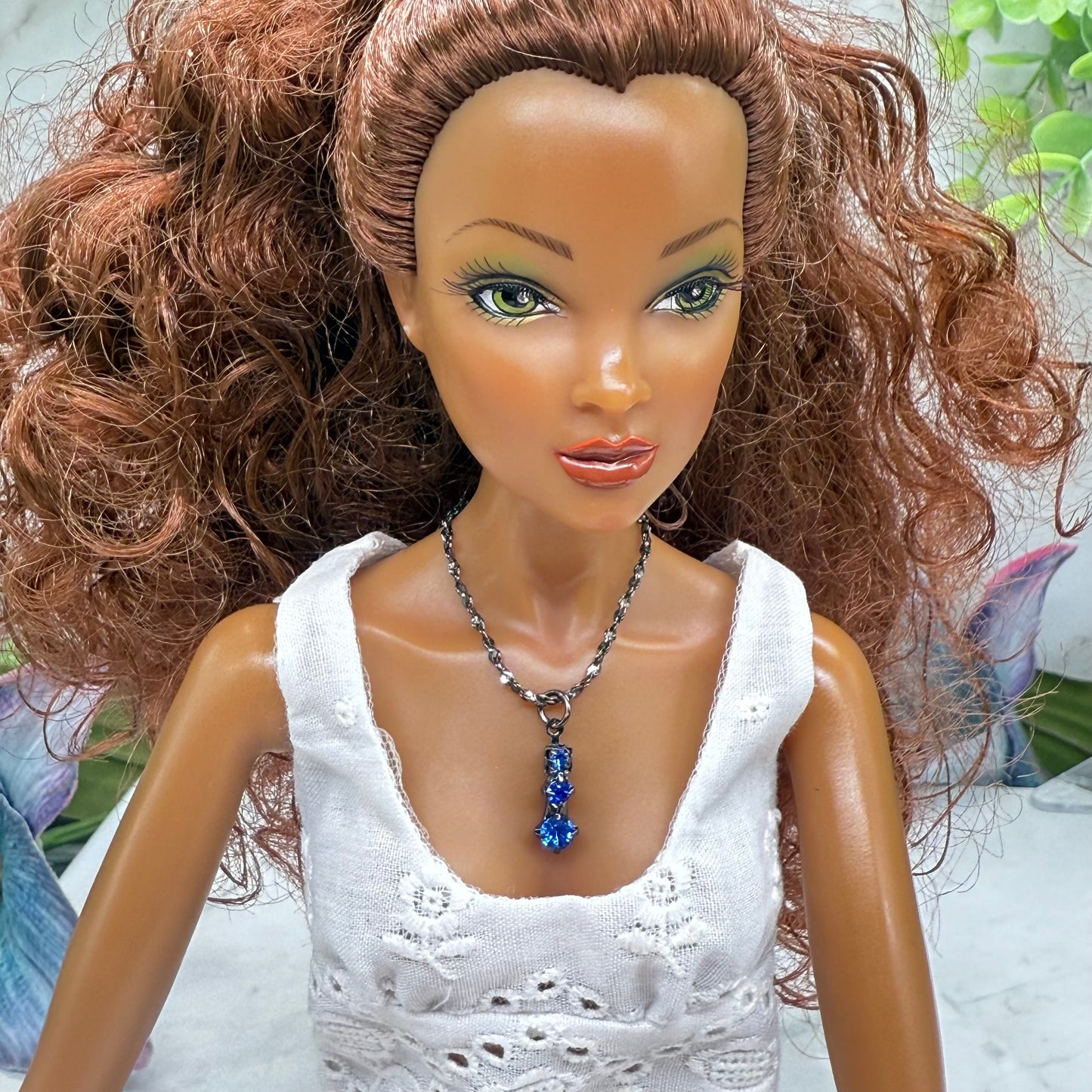 Blue Rhinestone Pendant Black Chain Doll Necklace • 16 Inch Fashion Doll Jewelry