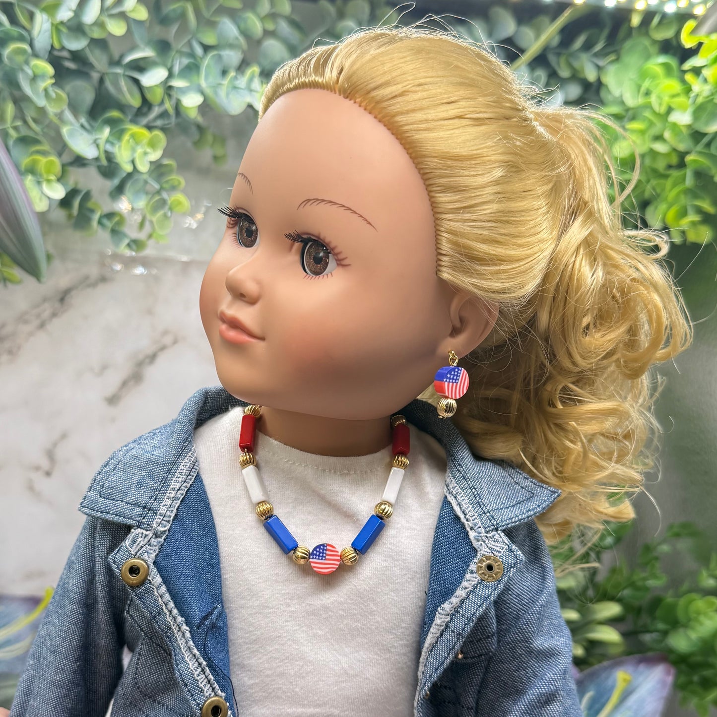 Red White Blue Beaded American Flag Charm Doll Necklace & Earrings Set for 18 Inch Fashion Doll