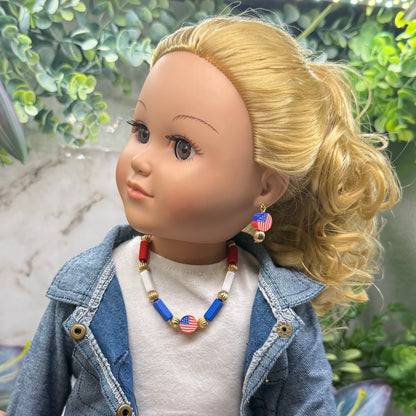 Red White Blue Beaded American Flag Charm Doll Necklace & Earrings Set for 18 Inch Fashion Doll