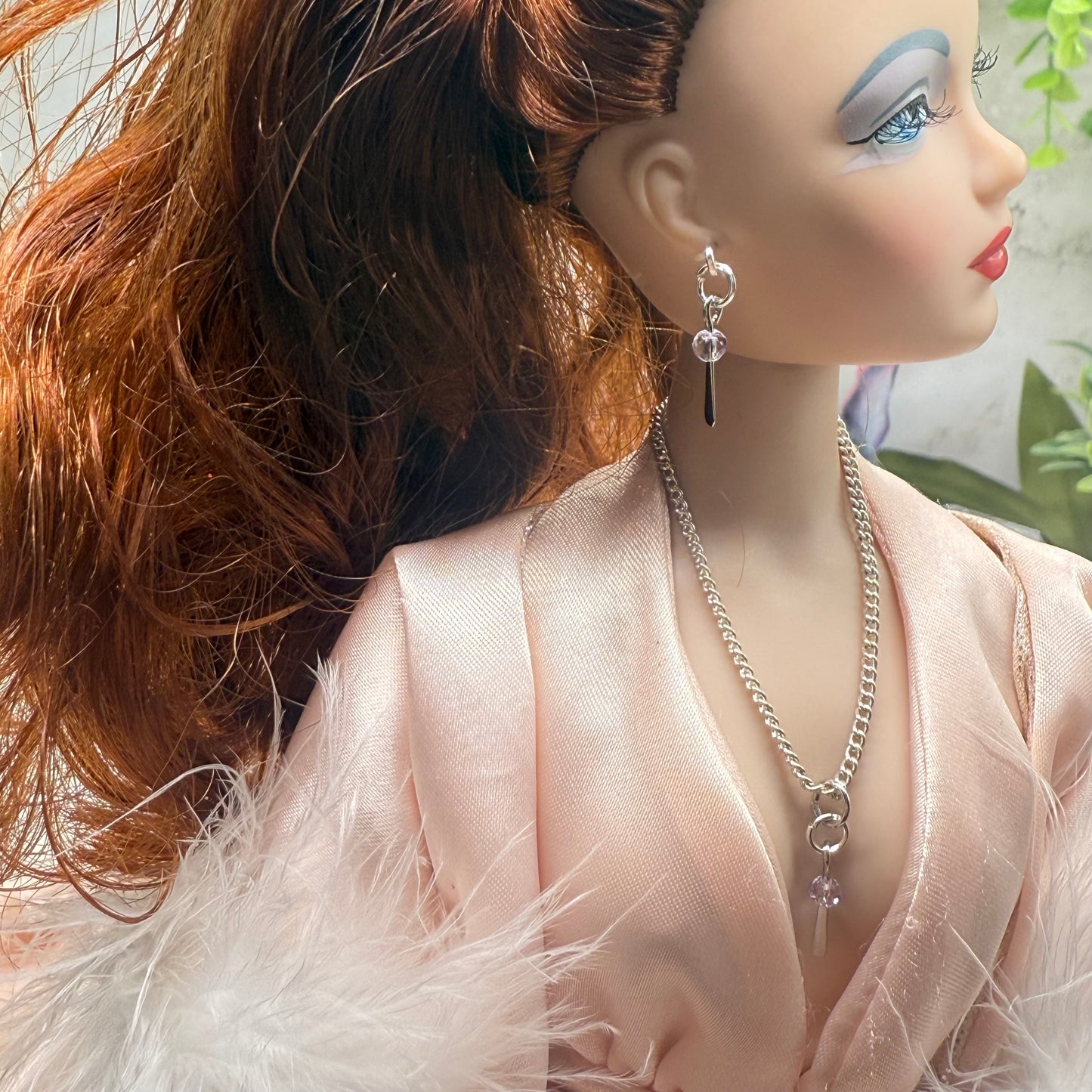 Silver & Clear Crystal Dangle Doll Necklace & Earrings • 16 Inch Fashion Doll Jewelry