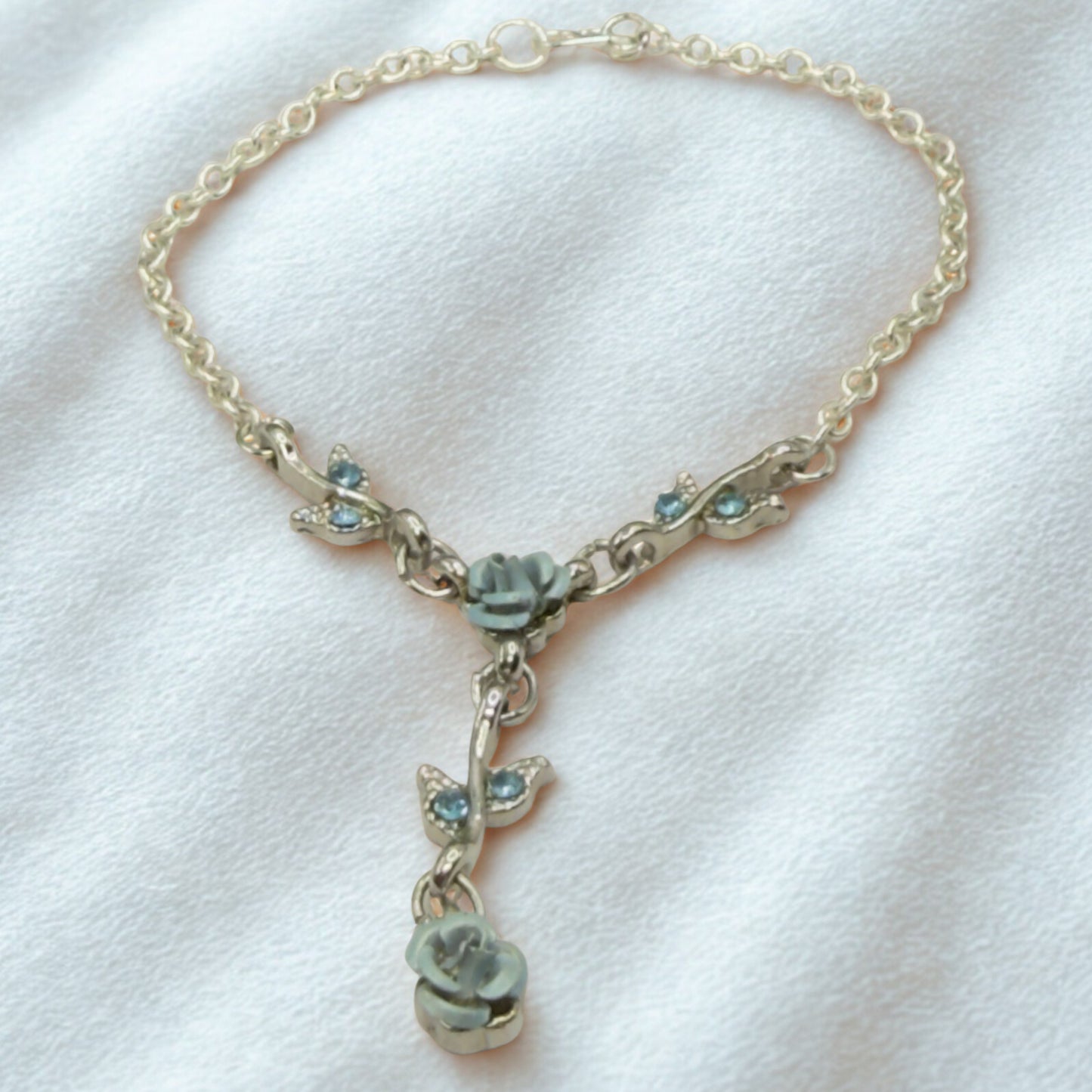 Light Blue & Silver 3D Rose Enamel & Rhinestone Accents Y-Design Doll Necklace • 18 Inch Fashion Doll Jewelry