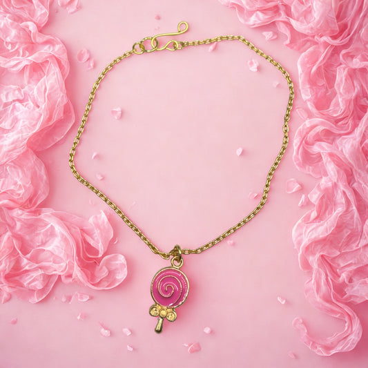 Pink Lollipop Charm Gold Chain Doll Necklace • 18 Inch Fashion Doll Jewelry