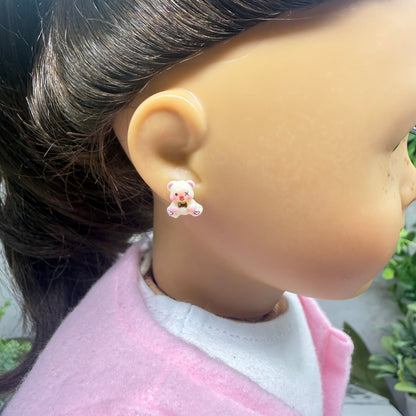 Teddy Bear Bow Tie Purple Heart Paws Post Doll Earrings • 2mm Post for 18 Inch Fashion Doll