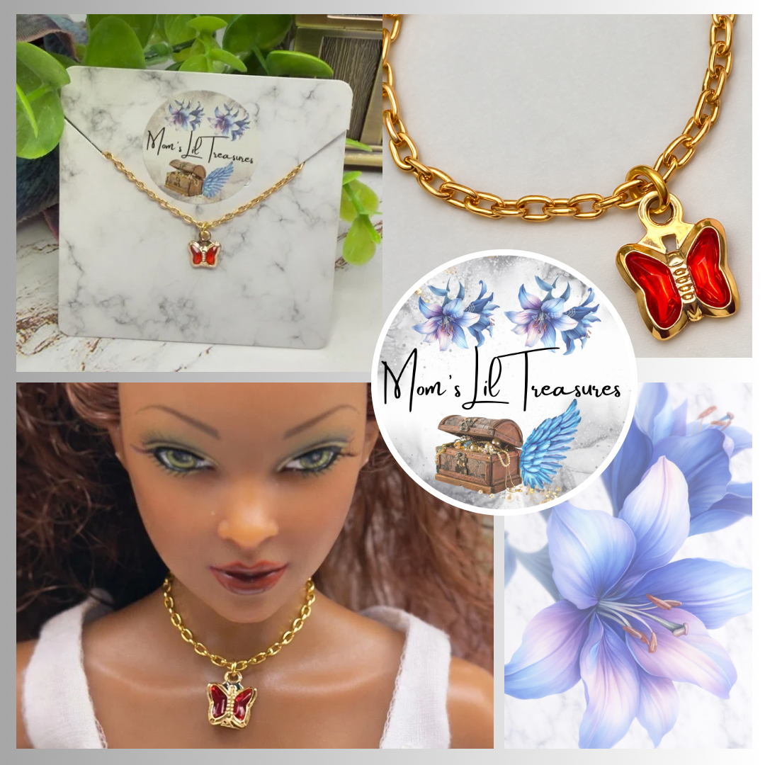 Gold Chain Red Crystal Butterfly Charm Doll Necklace • 16 Inch Fashion Doll Jewelry