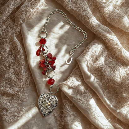 Red Stone Dangle Silver Heart Rhinestone Accents • Car Mirror Charm / Sun Catcher